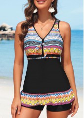 Criss Cross Black Striped Mid Waisted Tankini Set