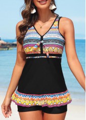 Black swimwear,Striped swimwear,Geometric swimwear,Dot swimwear,Tribal swimwear,Criss Cross Black Striped Mid Waisted Tankini Set