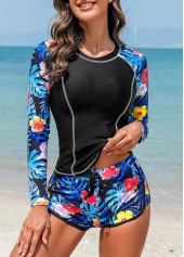 Navy swimwear,Plants swimwear,Floral swimwear,Tie Navy Tropical Plants Print Tankini Set