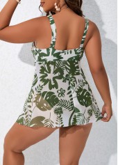 Green plus size,White plus size,Plants plus size,Plus Size Patchwork Leaf Print One Piece Swimdress