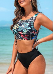 Multi Color swimwear,Black swimwear,Floral swimwear,Drawstring Multi Color Floral Print Bikini Set