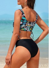 Multi Color swimwear,Black swimwear,Floral swimwear,Drawstring Multi Color Floral Print Bikini Set
