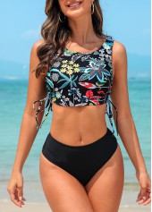 Multi Color swimwear,Black swimwear,Floral swimwear,Drawstring Multi Color Floral Print Bikini Set