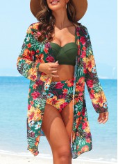 Three-piece Green Floral Print High Waisted Bikini Set