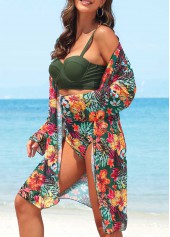 Green swimwear,Floral swimwear,Plants swimwear,Three-piece Green Floral Print High Waisted Bikini Set