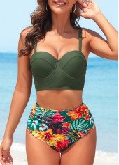 Green swimwear,Floral swimwear,Plants swimwear,Three-piece Green Floral Print High Waisted Bikini Set