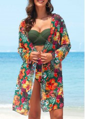 Green swimwear,Floral swimwear,Plants swimwear,Three-piece Green Floral Print High Waisted Bikini Set