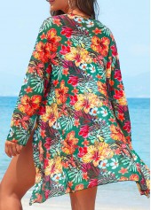 Green swimwear,Floral swimwear,Plants swimwear,Three-piece Green Floral Print High Waisted Bikini Set