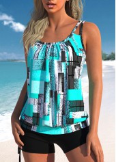 Rotita gerafftes Tankini-Oberteil mit geometrischem Print in Cyan-Kein Boden
