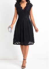 Black dresses,Plain Color dresses,Lace Black V Neck Sleeveless Dress