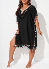 Black plus size,Contrast Color plus size,Plus Size Tassel Black V Neck Cover Up