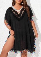 Plus Size Tassel Black V Neck Cover Up