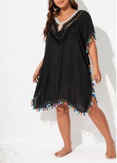 Black plus size,Contrast Color plus size,Plus Size Tassel Black V Neck Cover Up