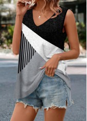 Grey tops,Contrast Color tops,Striped tops,Geometric tops,ROTITA Grey V Neck Tunic Tank Top