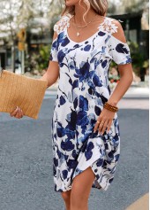 White dresses,Blue dresses,Floral dresses,Plants dresses,Patchwork Floral Print White Short A Line Dress