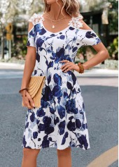 White dresses,Blue dresses,Floral dresses,Plants dresses,Patchwork Floral Print White Short A Line Dress