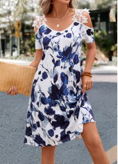 White dresses,Blue dresses,Floral dresses,Plants dresses,Patchwork Floral Print White Short A Line Dress