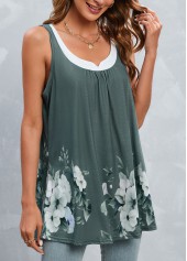 Patchwork Floral Print Green Scoop Neck Tank Top