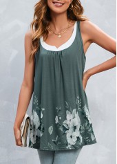 Green tops,Floral tops,Patchwork Floral Print Green Scoop Neck Tank Top