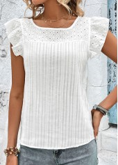 White tops,Plain Color tops,Patchwork White Round Neck Short Sleeve T Shirt