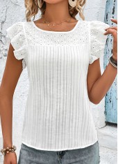 White tops,Plain Color tops,Patchwork White Round Neck Short Sleeve T Shirt