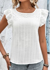 White tops,Plain Color tops,Patchwork White Round Neck Short Sleeve T Shirt