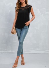 Black tops,Plain Color tops,Patchwork Black Round Neck Short Sleeve T Shirt
