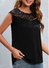 Black tops,Plain Color tops,Patchwork Black Round Neck Short Sleeve T Shirt