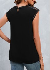 Black tops,Plain Color tops,Patchwork Black Round Neck Short Sleeve T Shirt