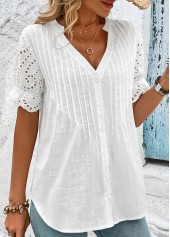 White tops,Plain Color tops,Scalloped Hem White Split Neck Short Sleeve Blouse