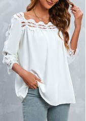 White tops,Plain Color tops,Patchwork White 3/4 Sleeve Square Neck Blouse