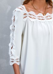 White tops,Plain Color tops,Patchwork White 3/4 Sleeve Square Neck Blouse
