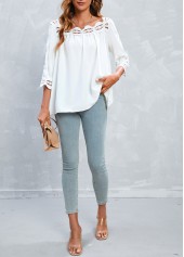 White tops,Plain Color tops,Patchwork White 3/4 Sleeve Square Neck Blouse