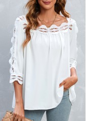 Patchwork White 3/4 Sleeve Square Neck Blouse