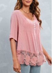 Pink tops,Plain Color tops,Patchwork Pink V Neck Half Sleeve Blouse