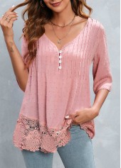 Patchwork Pink V Neck Half Sleeve Blouse