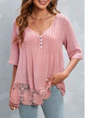 Pink tops,Plain Color tops,Patchwork Pink V Neck Half Sleeve Blouse