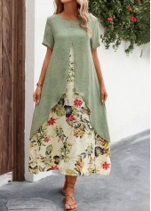 Sage Green dresses,Beige dresses,Plants dresses,Floral dresses,Everyday dresses,Casual dresses,Fake 2in1 Leaf Print Sage Green Dress