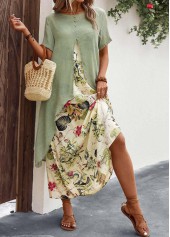 Sage Green dresses,Beige dresses,Plants dresses,Floral dresses,Everyday dresses,Casual dresses,Fake 2in1 Leaf Print Sage Green Dress