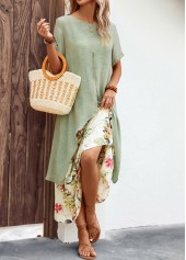 Sage Green dresses,Beige dresses,Plants dresses,Floral dresses,Everyday dresses,Casual dresses,Fake 2in1 Leaf Print Sage Green Dress