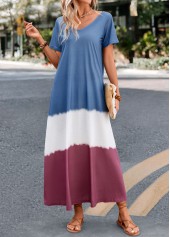 Dusty Blue dresses,Contrast Color dresses,Umbrella Hem Dusty Blue A Line Maxi Dress