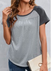 Grey tops,Contrast Color tops,Patchwork Grey Round Neck Short Sleeve T Shirt