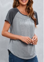 Grey tops,Contrast Color tops,Patchwork Grey Round Neck Short Sleeve T Shirt