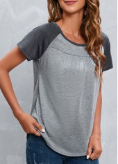 Grey tops,Contrast Color tops,Patchwork Grey Round Neck Short Sleeve T Shirt