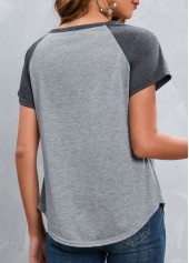 Grey tops,Contrast Color tops,Patchwork Grey Round Neck Short Sleeve T Shirt