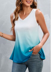 Blue tops,White tops,Ombre tops,Ombre Blue V Neck Tank Top