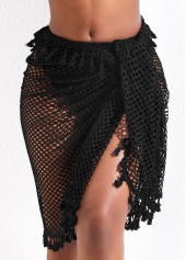 Black swimwear,Plain Color swimwear,Mesh Tassel Multi-Way Black Cover Up