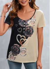 Black tops,Light Camel tops,Heart tops,Floral tops,Button Heart Print Black Scoop Neck T Shirt