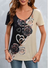 Black tops,Light Camel tops,Heart tops,Floral tops,Button Heart Print Black Scoop Neck T Shirt