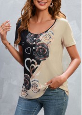 Black tops,Light Camel tops,Heart tops,Floral tops,Button Heart Print Black Scoop Neck T Shirt